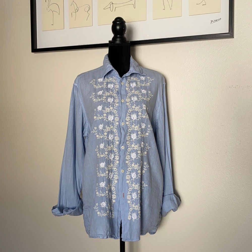 Mason linen embroidered button down shirt